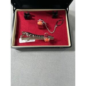 Coral tie clip and tie pin with box coral bead set in silver tone men's‎ fashion